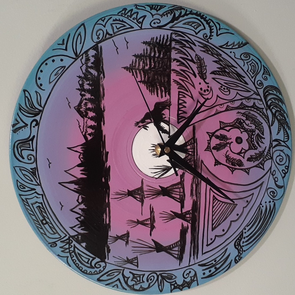 Hand Crafted Vinyl Record Clock Native American End of the Trail Hand Painting